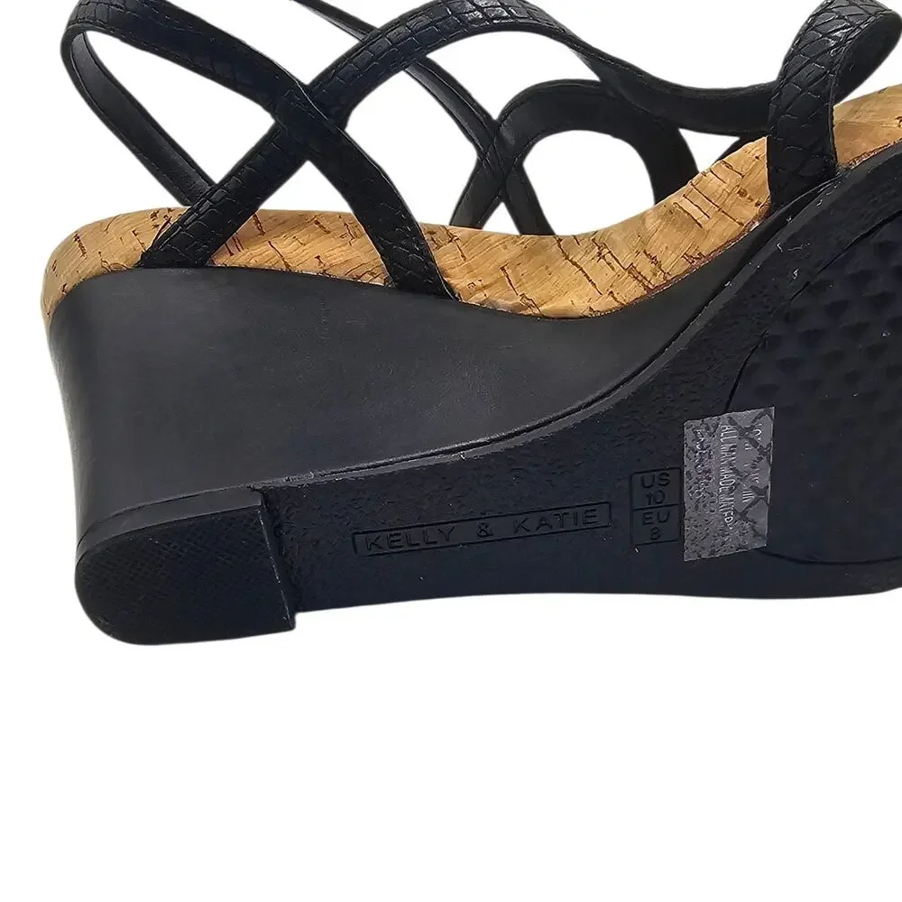 Kelly & Katie Black Plushin Strappy Cork Preppy Comfort Wedge Sandal